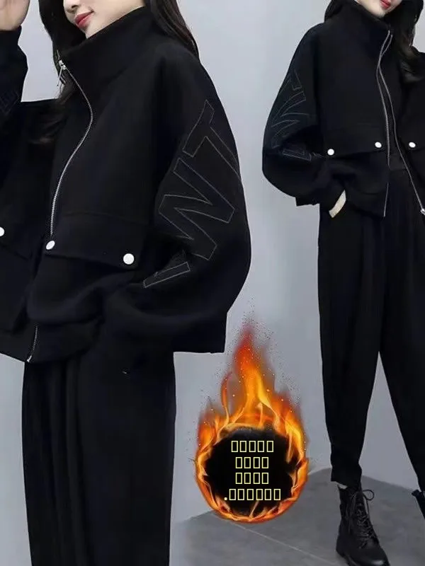 

Women's Fleece Lined Thickened Casual Sportswear Hoodie Set plus Size Slimming Concealing Autumn Winter Fashion Two Piece Set