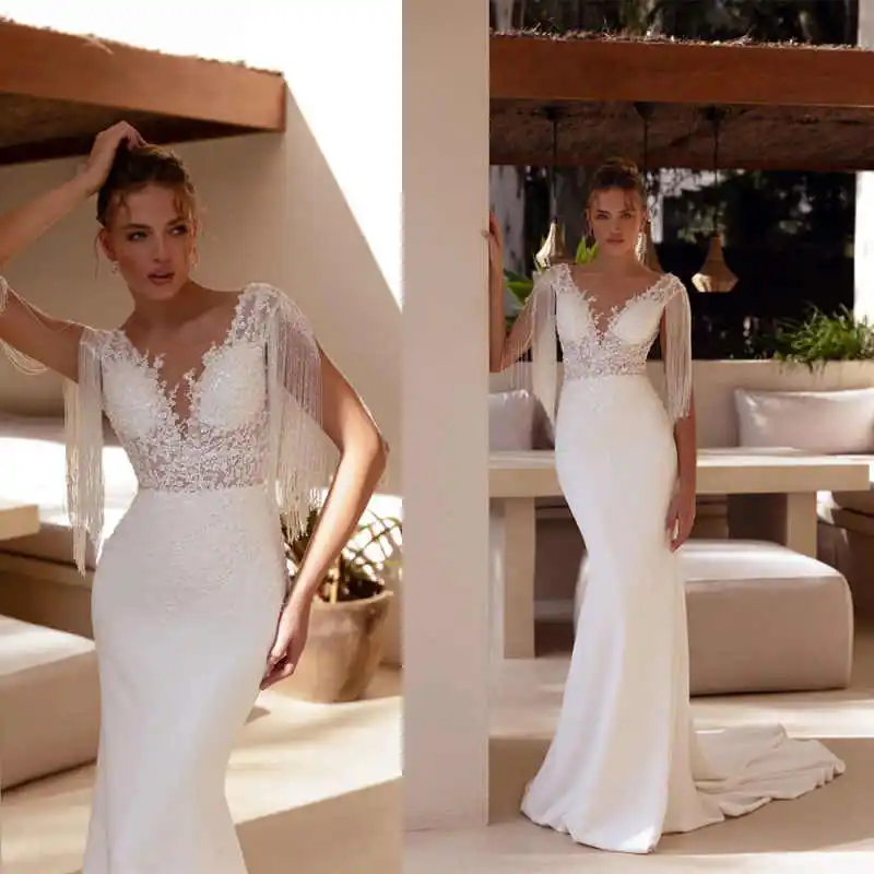 

Elegant Mermaid Wedding Dresses Backless Sleeveless V-Neck Sequined Tassel Bride Gowns Vestidos De Novia Customized