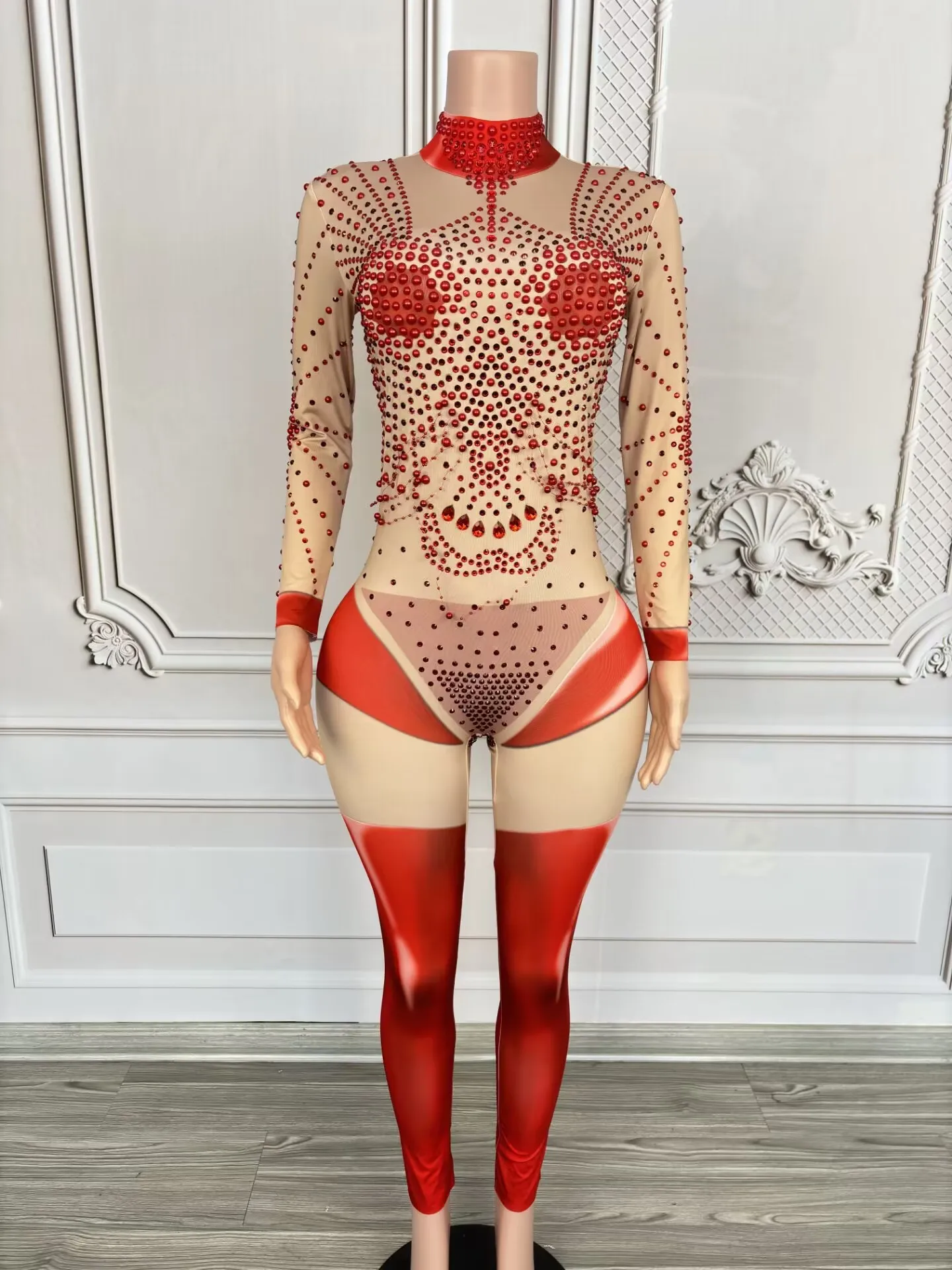 

Female Singer Gogo Acrobatic Steel Pipe Djds Red Glass Diamond Long One-Piece Tight-Fitting High-Elastic Stage Performance Costu