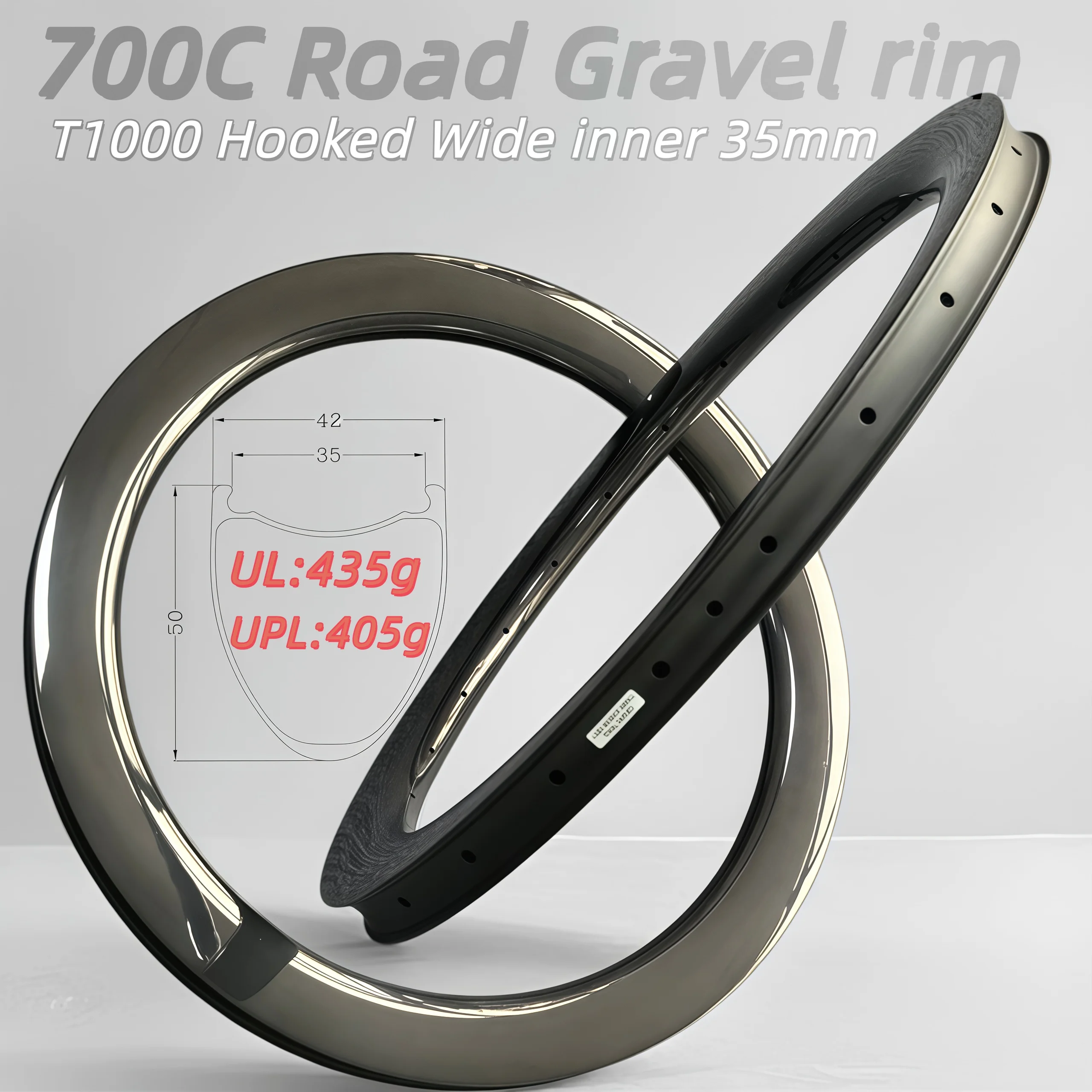Gravel Pro Wide Inner 35mm 38mm Carbonbeam T1000 Diepte 45mm 50mm 55mm 60mm 65mm Hooked Hookless 700C All Road Gravel Carbon Velgen