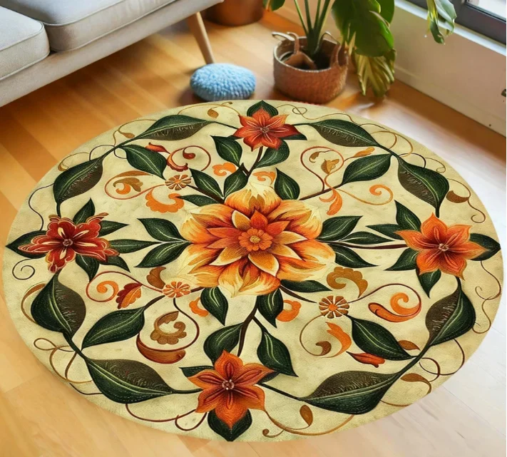 Black Gold Daisy Round Area Rug with Ornate Border Vintage Style Soft Fluffy Luxury Living Room Bedroom