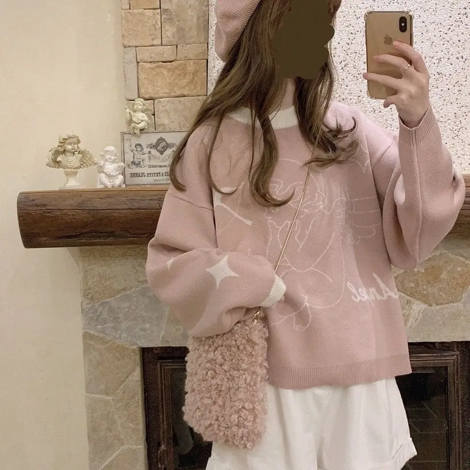 

Kawaii Angel Graphic Vintage Sweater 2000s Women Long Sleeve Tops White Knitted Clothes y2k Pink Loose knitwear o-neck Pullover