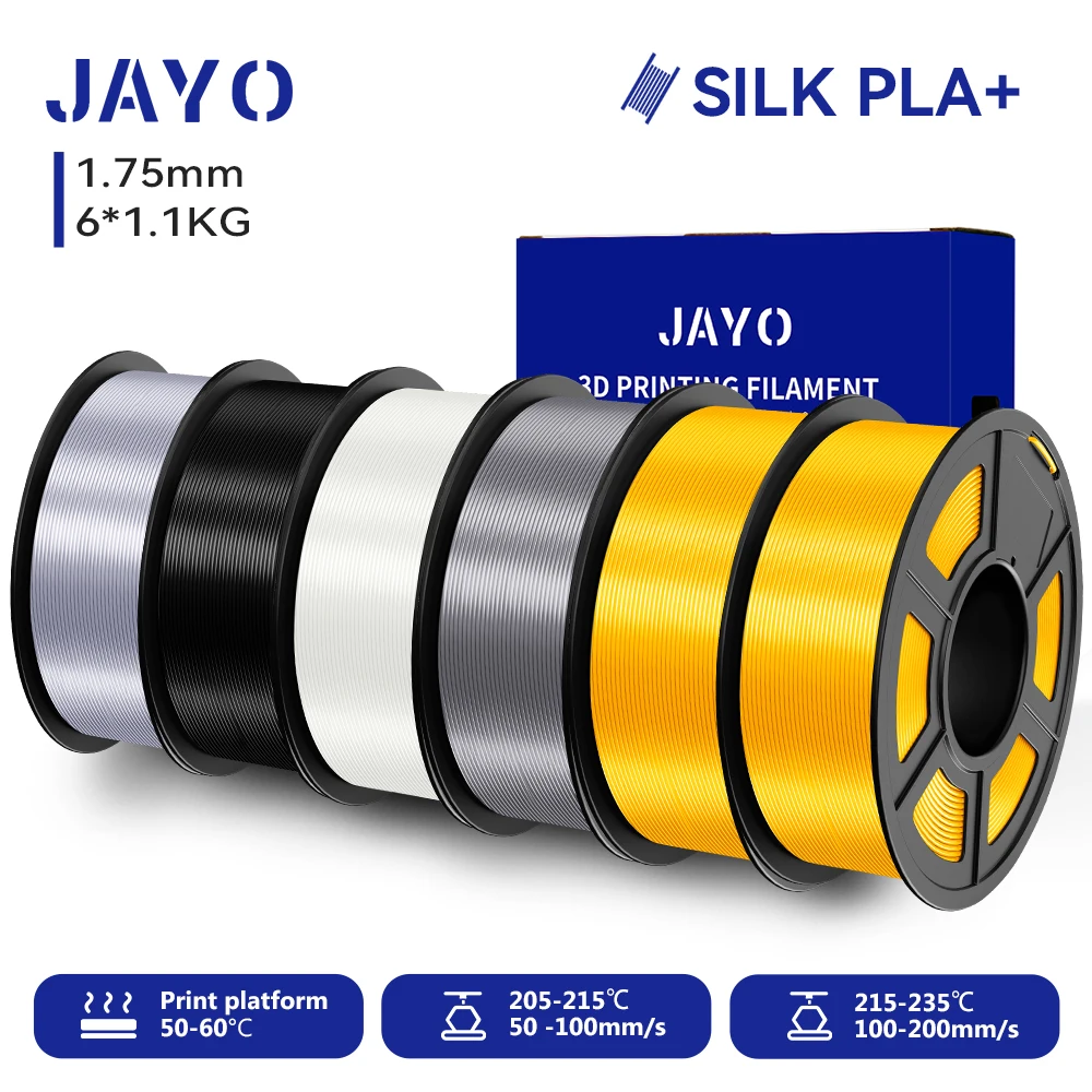 JAYO 6 Rollen SILK PLA + Filament 1,75 mm SILK PLA Plus Filament, glatte, seidige, glänzende Oberfläche, 3D-Filament, geeignet für FDM-Drucker
