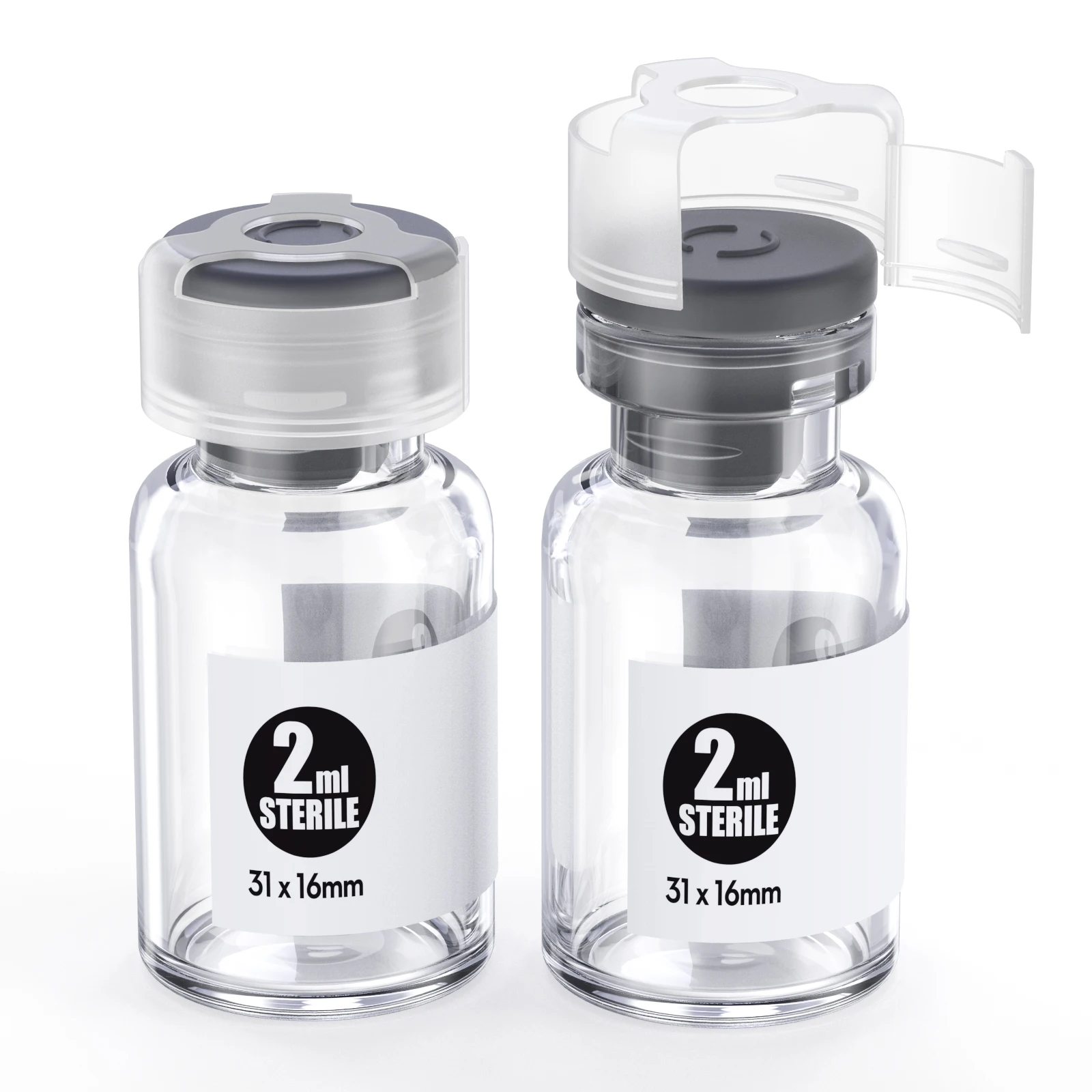 Przezroczyste, sterylne szklane fiolki z zamykającą się nakrętką i samozaciskowym portem do iniekcji 13/20 mm, szklane fiolki z zapięciem, sterylne opakowanie. — zdjęcie 4