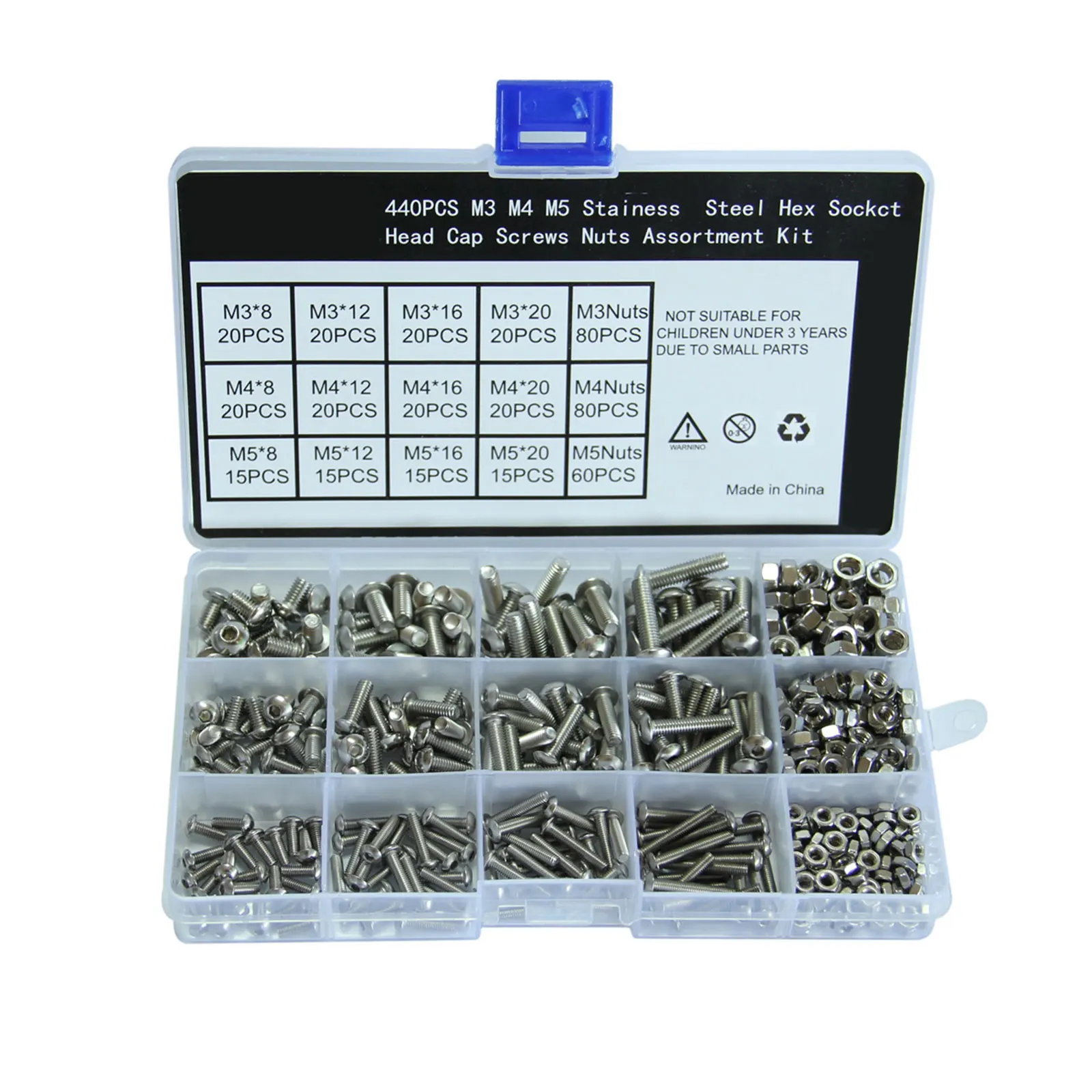 

440 Pcs Stainless Steel Socket Head Screws Nuts Kit Metric Bolts Assorted Sizes M5 Anti Rust Computer Repair Home