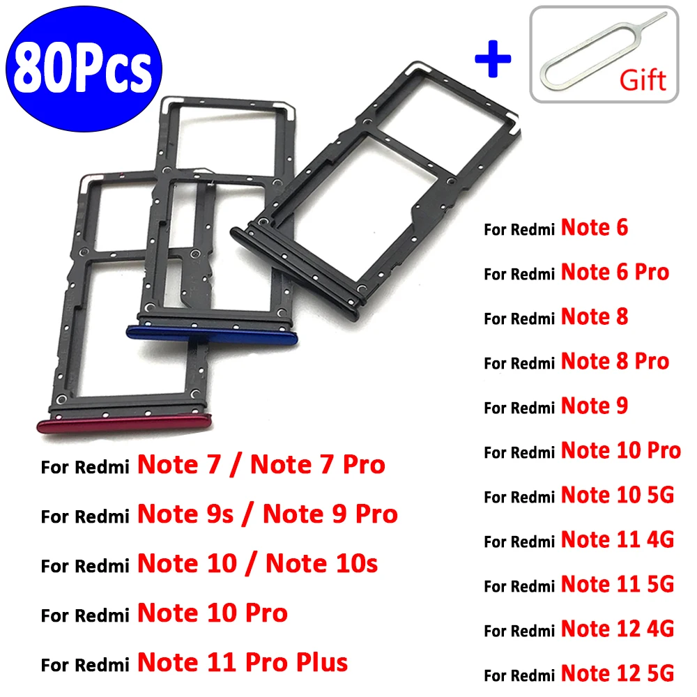 80Pcs，SIM Card Slot SD Card Tray Holder Adapter For Xiaomi Redmi Note 6 7 9 11 Pro Plus 9S 8 10S 10 12 5G 11 4G 11S