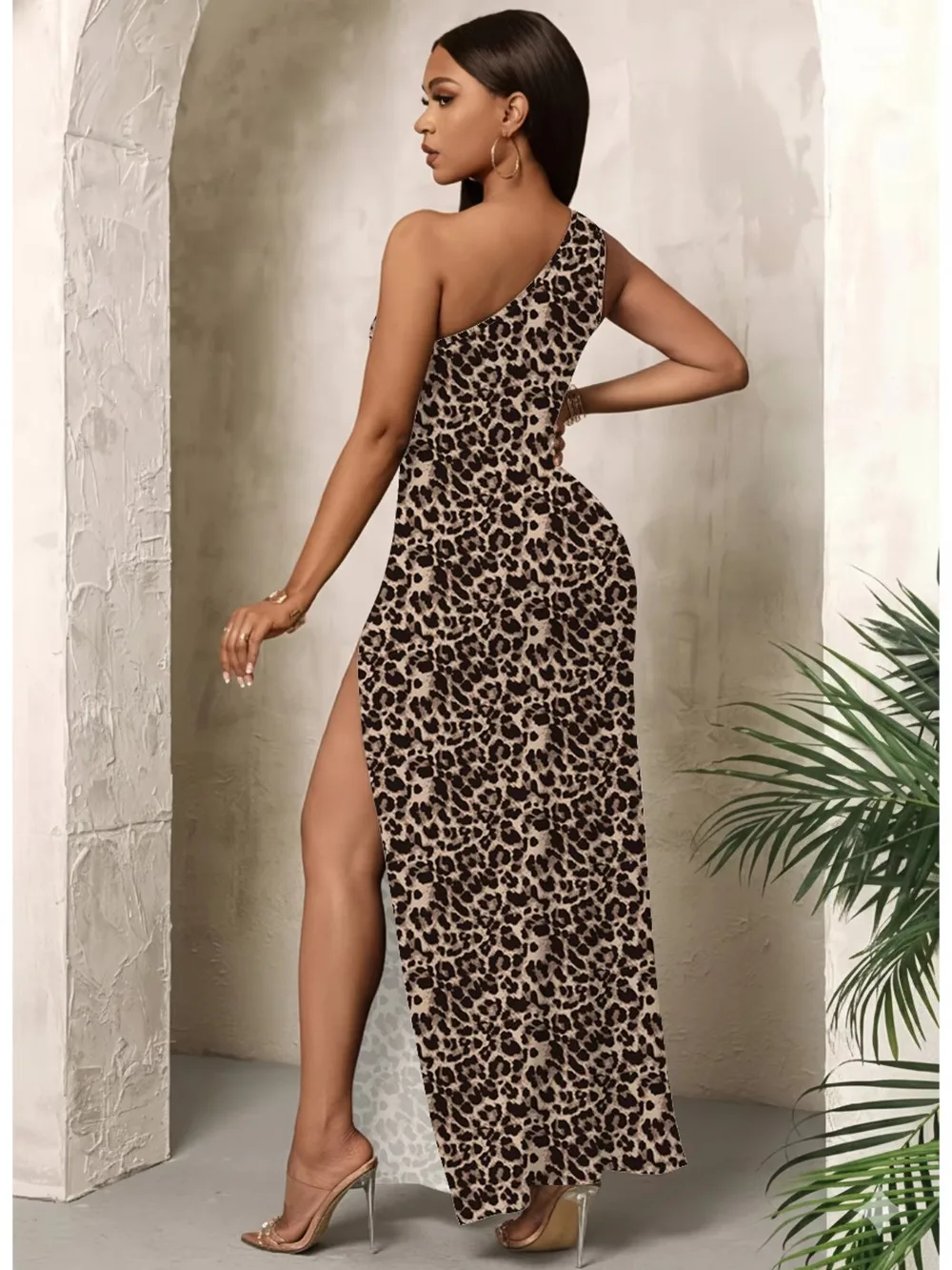 Customized Leopard Print One Shoulder Evening Dress Hollow Out Chest Bodycon Maxi Gown Double High Slit Formal Club Party Dress