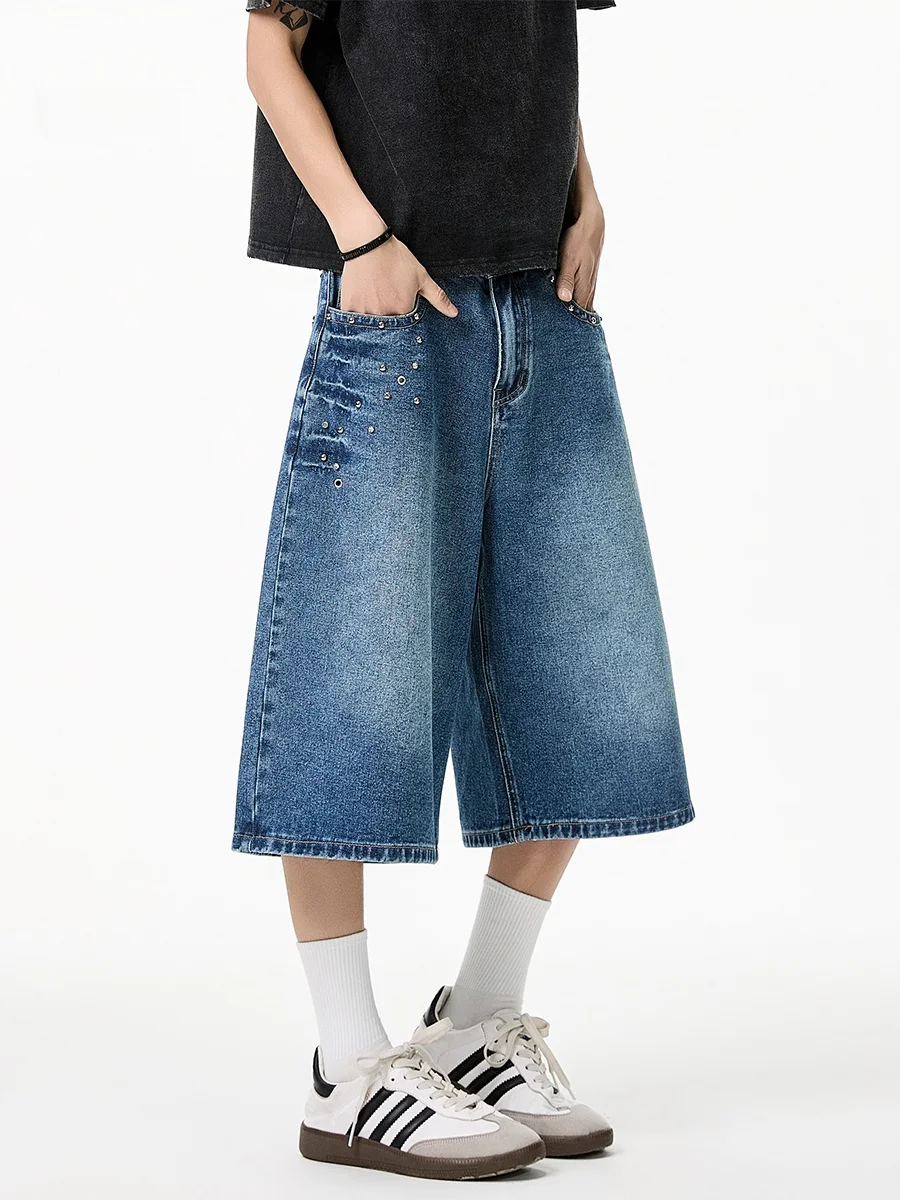 

American Retro Lightning Pattern Rivet Wide Leg 7 Denim Jeans Men Slim Straight Summer orts Faion Urban Sle Loose Fit