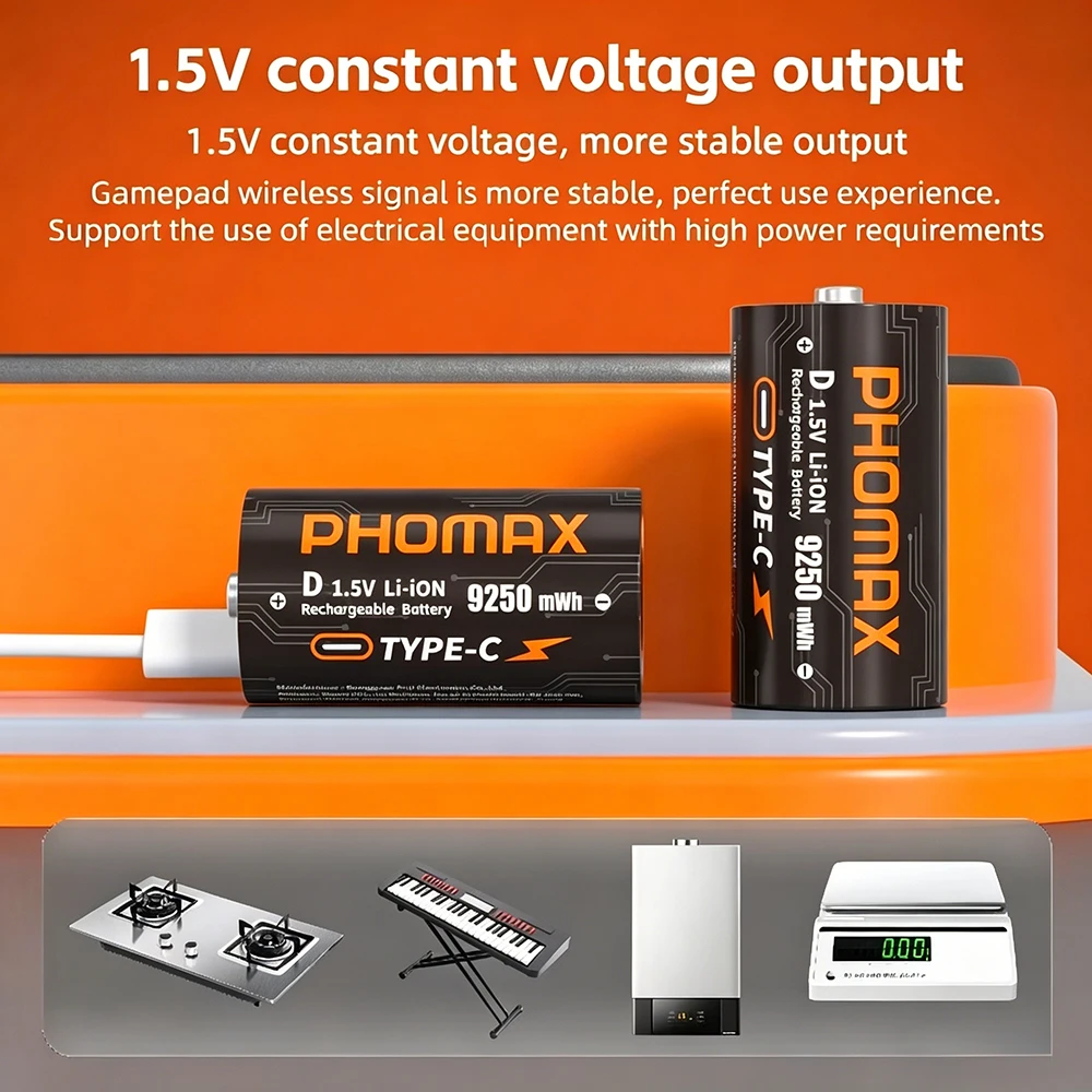 

PHOMAX 1.5V LR20 9250mWh D Size Rechargeable Lithium Battery with Type-C Cable, For Flashlight,Gas stoves and Water Heaters
