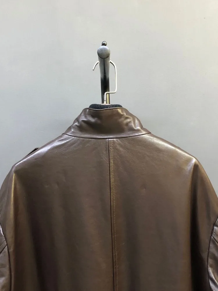 Veste mi-longue ample en cuir véritable pour femme, style vintage, en peau de mouton cirée à l'huile, multi-poches, col montant, vêtement d'extérieur tendance