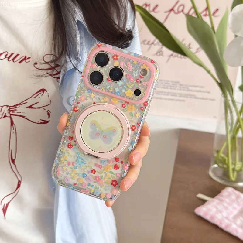

Fashion Korean Cute Flower Butterfly Phone Case For iPhone 17 Pro 16 15 14 Pro Max Cover with Ring Stand Shockproof Cases Girls