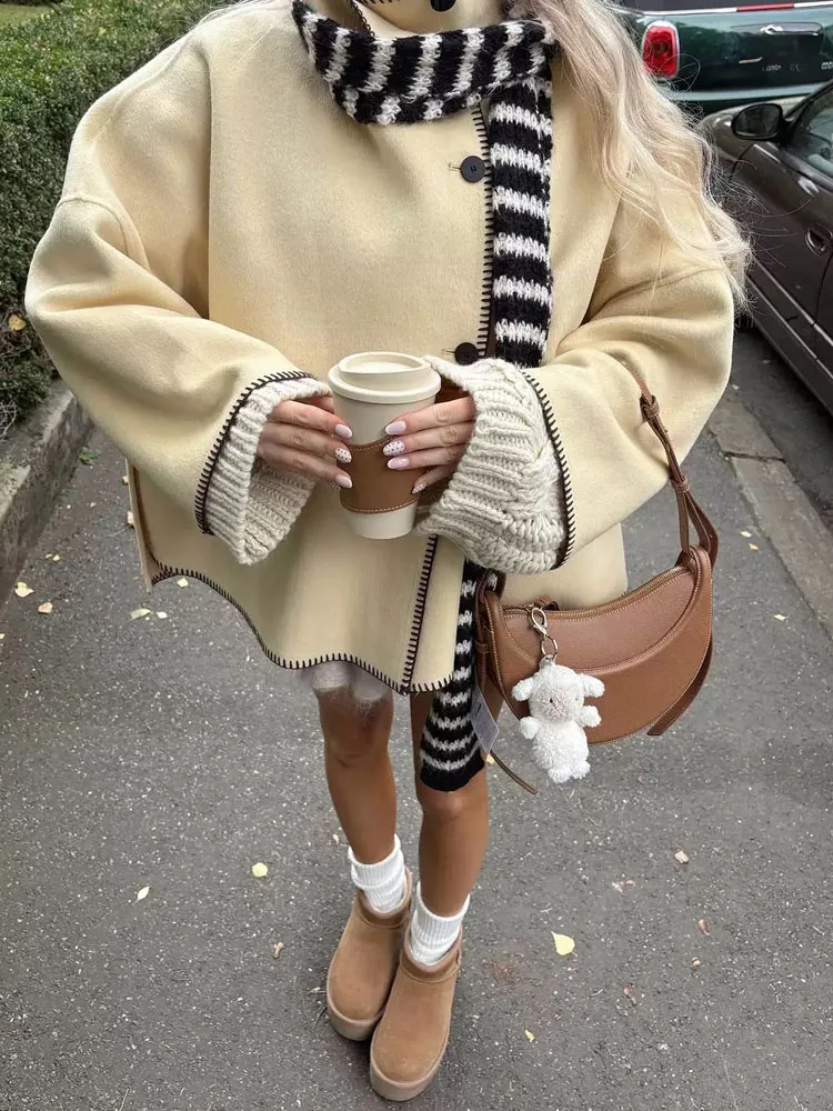 معاطف خارجية أنيقة بياقة واقفة وأزرار للنساء معاطف فضفاضة غير متماثلة بأكمام طويلة وخياطة متباينة