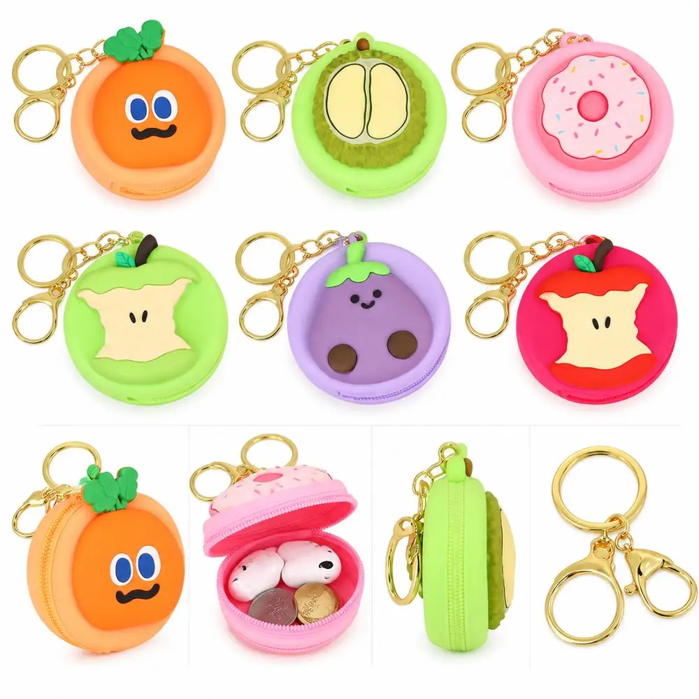 Durable Silicone Coin Purse Cartoon Fruit Shape Pendant Coin Wallet Zipper Closure Keychain Pouch Portable Storage