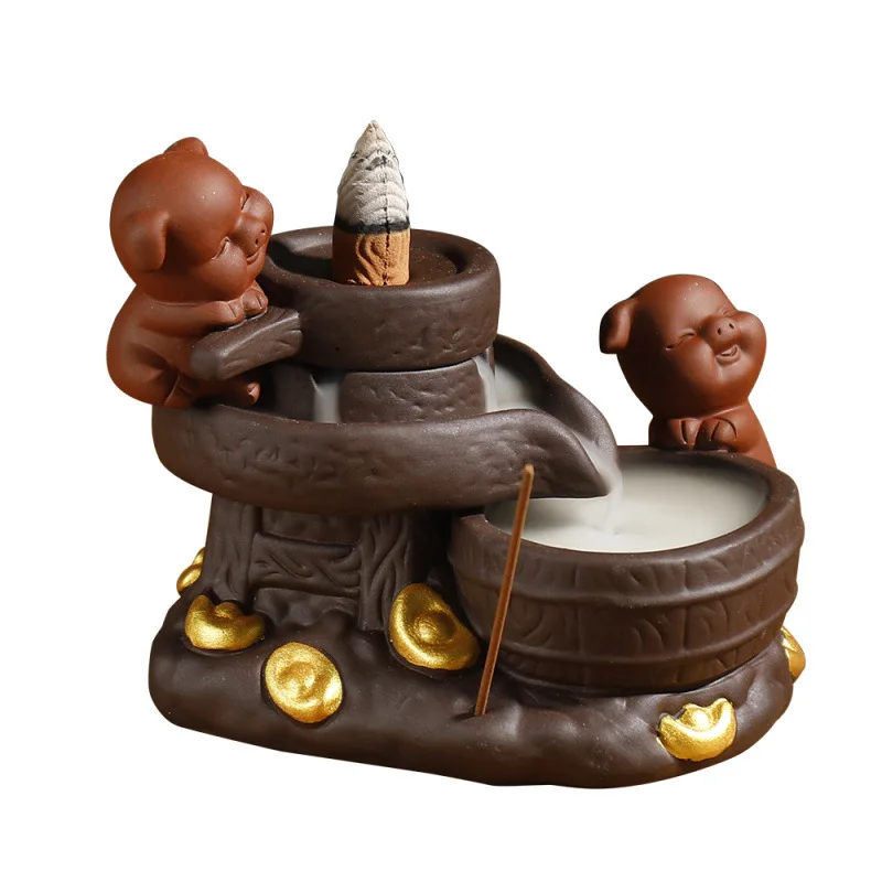 Stone Mill Ceramic Handicrafts Fortune Pig Backflow Incense Stick Holder Censer Home Ornament