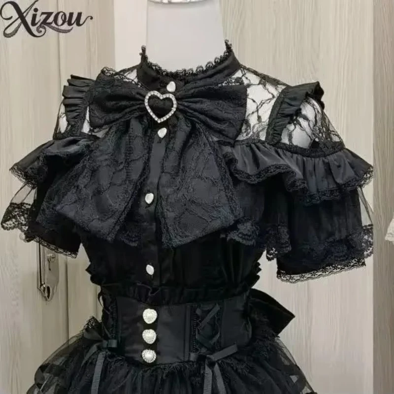 

New 2025 Summer Japanese Style Mine Mass-Produced Lace long-Sleeved Shirt Sweet Girl Bow Cute Kawaii Blouse Women Lolita Tops