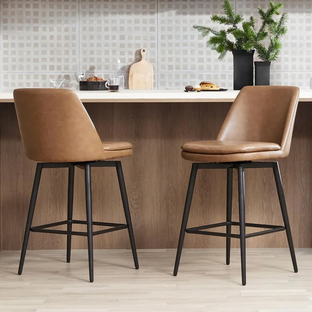 Counter Height Swivel Barstools, Upholstered Faux Leather Bar Stools Set of 2, Metal Base, 27.2