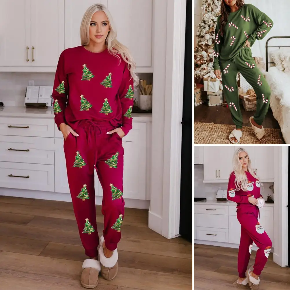 Sequined Christmas Trees Outfit Women Festive Attire Festive Holiday Pajama Set with Sequin Detailing Christmas Tree for New