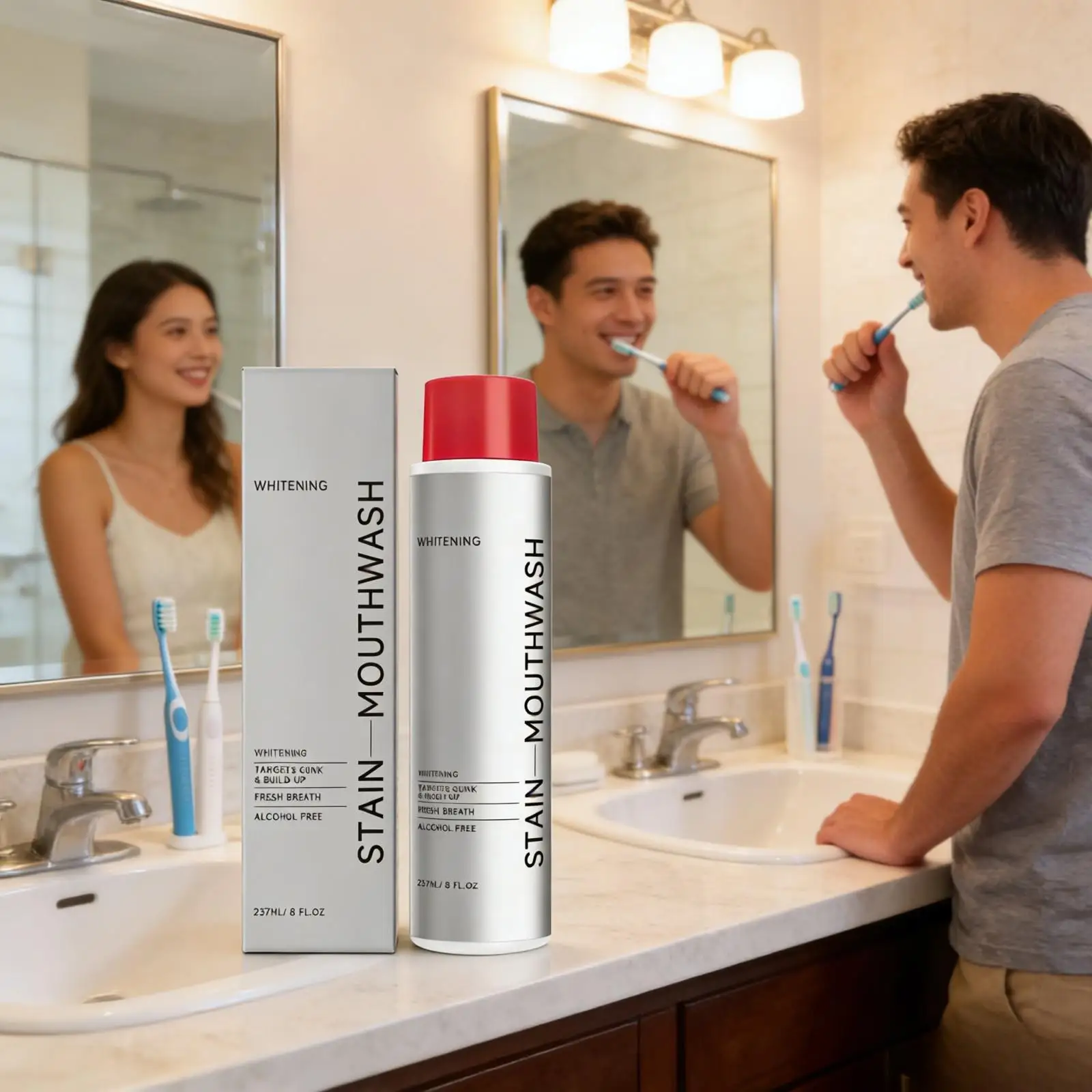 Enjuague Bucal Blanqueador, Eliminador de Olor Bucal, Eliminador de Manchas en los Dientes, Aliento Fresco, Sensación Refrescante, Sin Sabor Picante, Enjuague Bucal con Pantenol