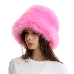 2024 y2k Fluffy Faux Fur Bucket Hat Women Rabbit Fur Warm Thick Piush Winter Hat Lady Luxury Fashion Party Panama Fisherman Cap