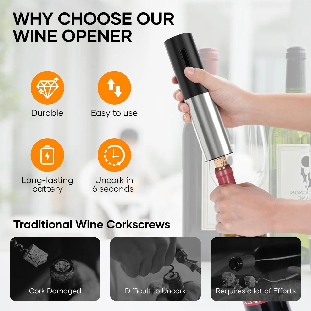 Electric Wine Bottle Opener with Wine Pourer, Vacuum Stopper, Foil Cutter, Rechargeable Wine Corkscrew Automatic Wine Opener