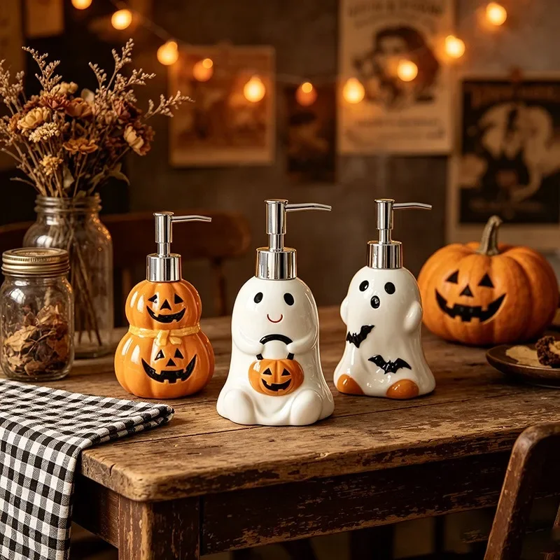 Halloween Ghost Pumpkin Ceramic Soap Dispenser Liquid Pump Bottle Hand Wash Shower Gel Refill Container Decor Shampoo Bottle