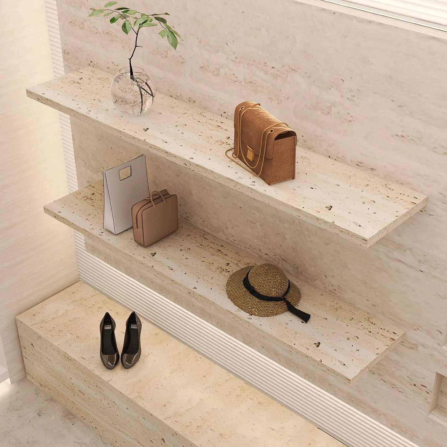 

Магазин одежды, травертин, ламинат, стойка на стену, многослойная сумка для обуви, витрина, магазин женской одежды, ювелирные изделия, шляпы, перегородка