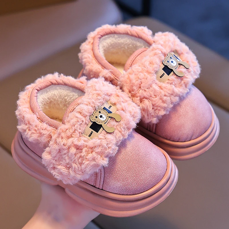 Winter Children\'s Cover Heel Cartoon Bear Fluffy Slippers Boys Girls Boots Non-slip Warm Home Kids Slip On Cotton-padded Shoes