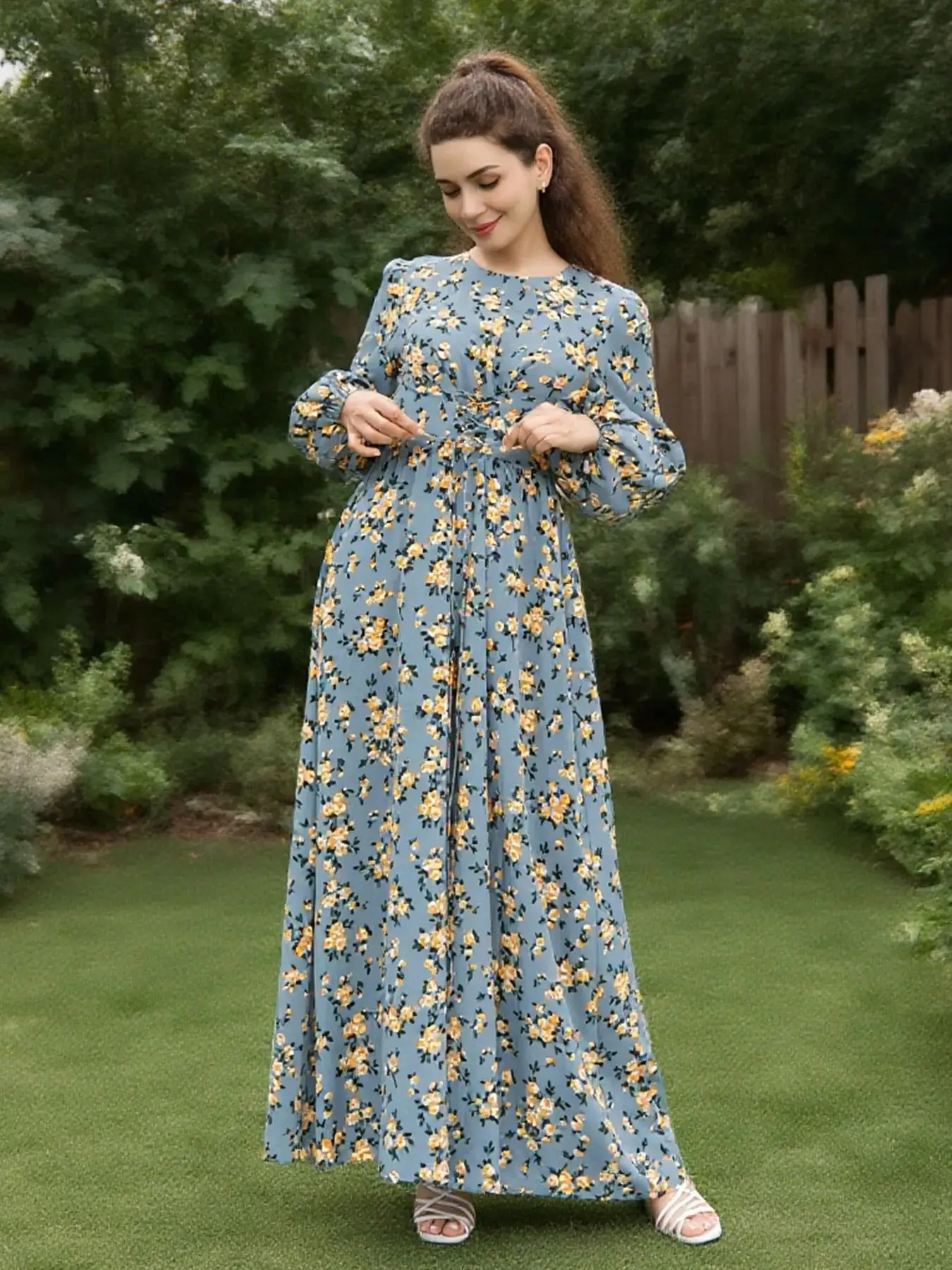 

Ramadan Eid Fashion floral Abaya Muslim Dress female Islamic Kaftan Robe Musulman Abaya With Ribbon wy2292