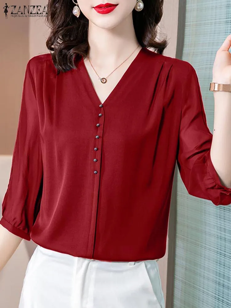 ZANZEA Elegant Satin Blouses Women Casual Everyday 3/4 Sleeve Pleated Shirts 2024 Summer Solid Color V Neck Button Up Tunic Tops