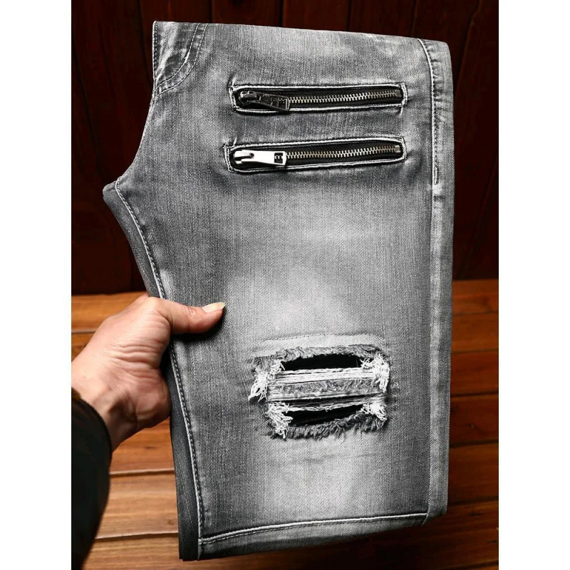 High End Jeansfor Men'S Zipper Hole Patch Straight Tube Fashionable Elastic Motorcycle Slim Fit Biker Gray Washed Denim Pants