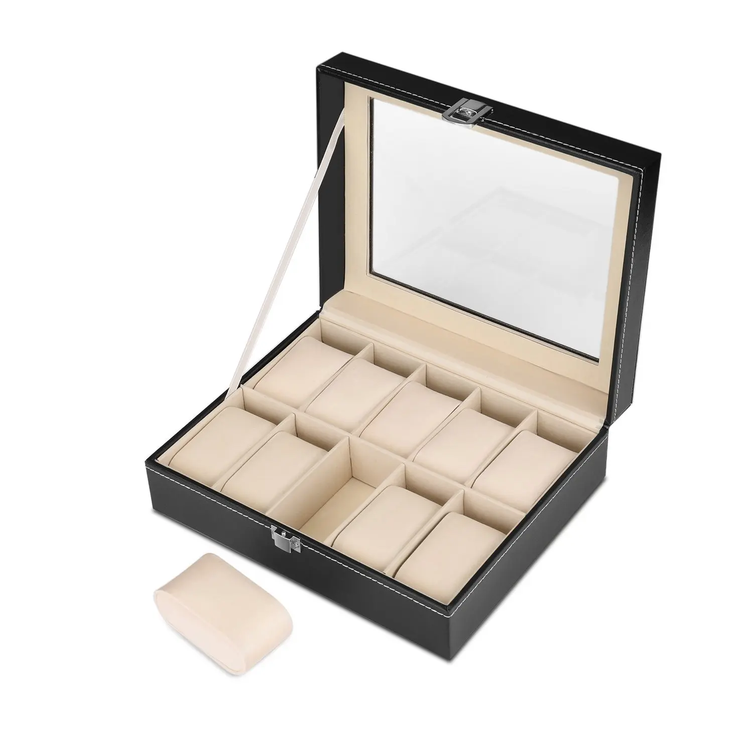 

VANSIHO 10 Positions Eco-Friendly PU Leather Watch Box Jewelry Packaging Rectangular Storage Box Windowed Jewelry Box