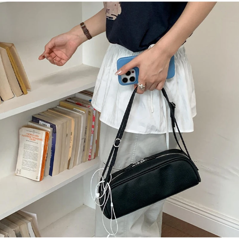 Koreanische Lychee-Textur Schultertasche, Damen Einfarbige Minimalistische Unterarmtasche, Vintage Pendler-Handtasche mit Reißverschluss – Detail 15