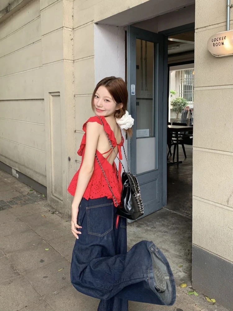 Y2k Red Flying Sleeve Beautiful Blouse Female Backless Shirt with Lace-up Slim Summer Korean Hollow Out Coquette Clothes