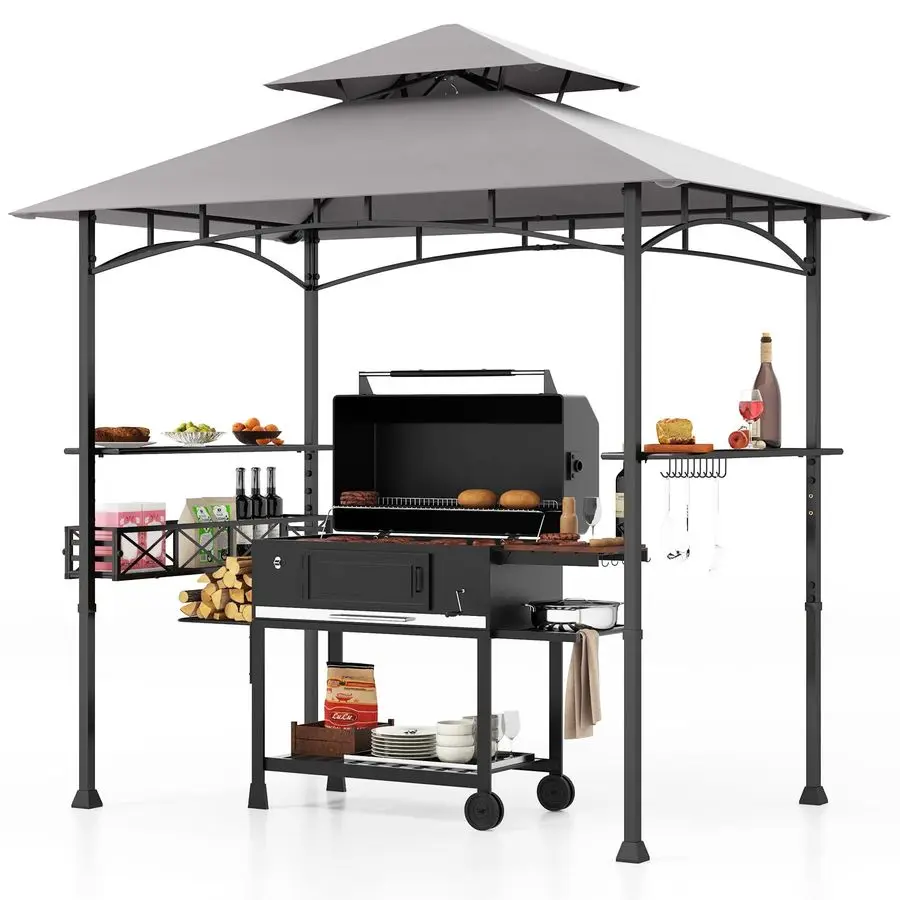 8x5 Ft Grill Gazebo, 2Tier Barbecue Gazebo with 2 Shelves, 10 Hanging Hooks, Bottle Opener amp Storage Basket, Outdoor Grill Can