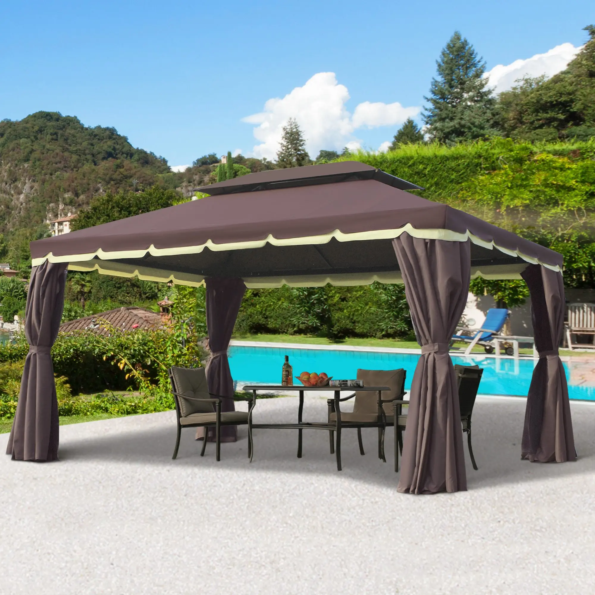 10' X 13' Patio Gazebo, Aluminum, Mesh Netting, 2 Tier Polyester Roof, Coffee