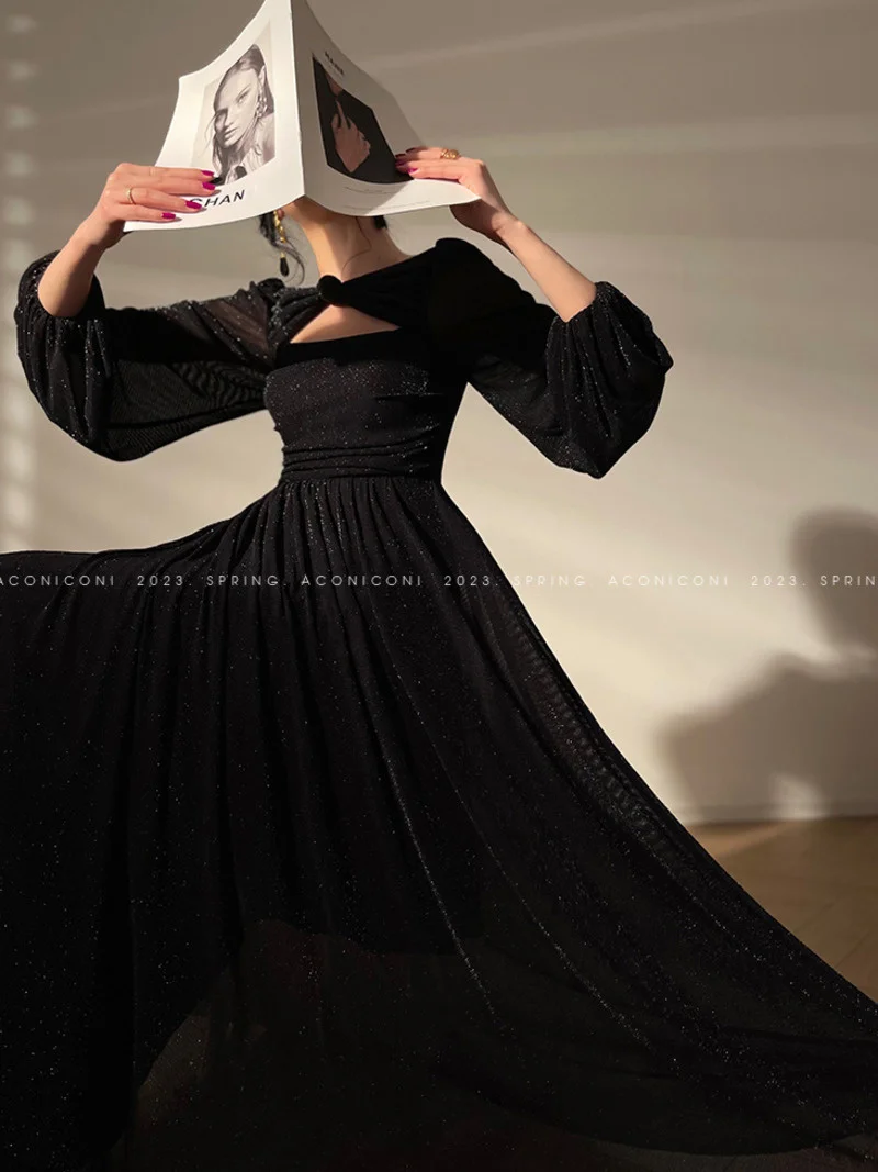 Deat Französisch elegant hell Seide Kleid Langarm hohe Taille aushöhlen Frauen Abendkleider Frühling neue Mode 3 wq3048