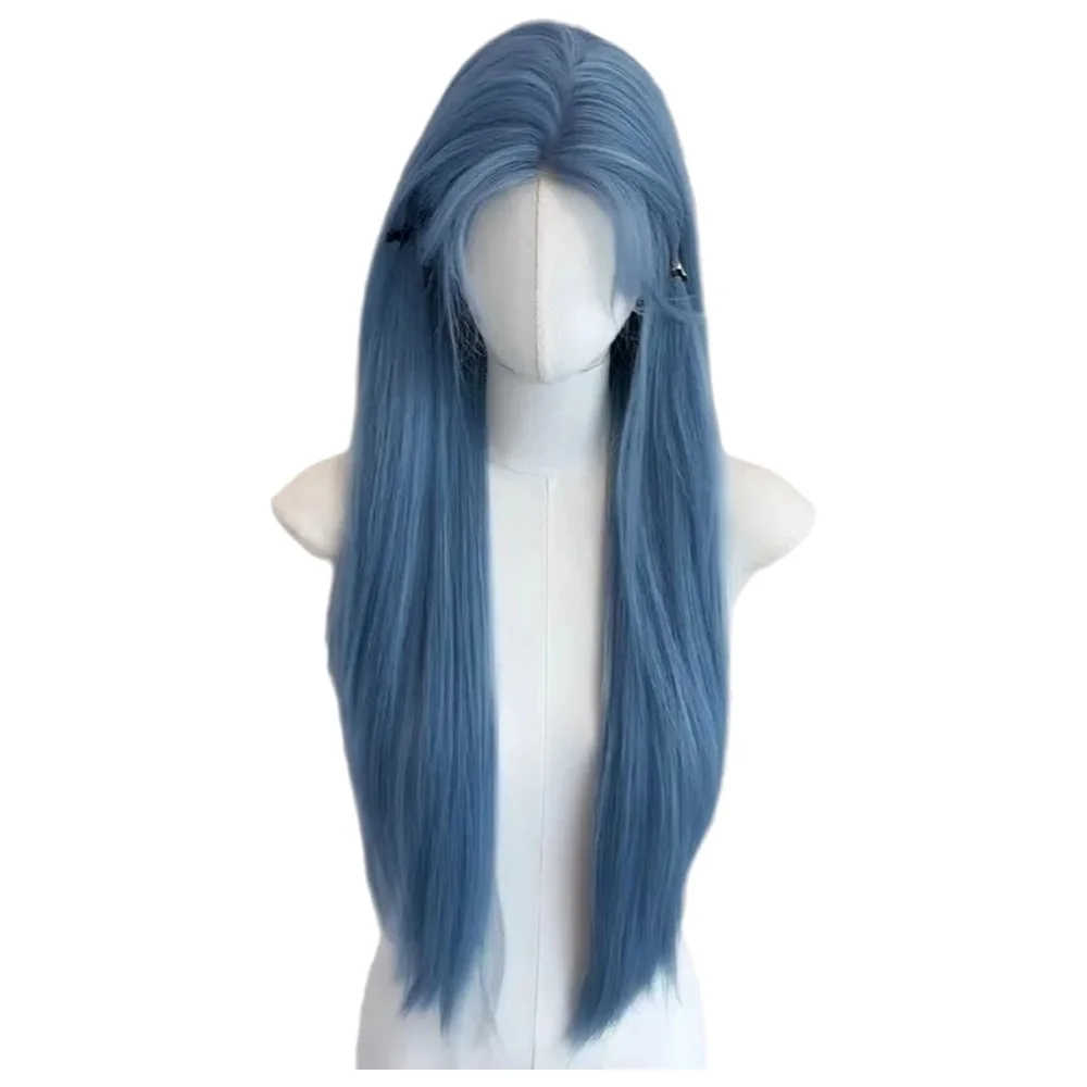 Perruque synthétique en fibre chimique, cheveux mi-longs et raides bleu brouillard | Couvre-chef respirant de haute qualité pour cheveux longs et moelleux et rafraîchissant