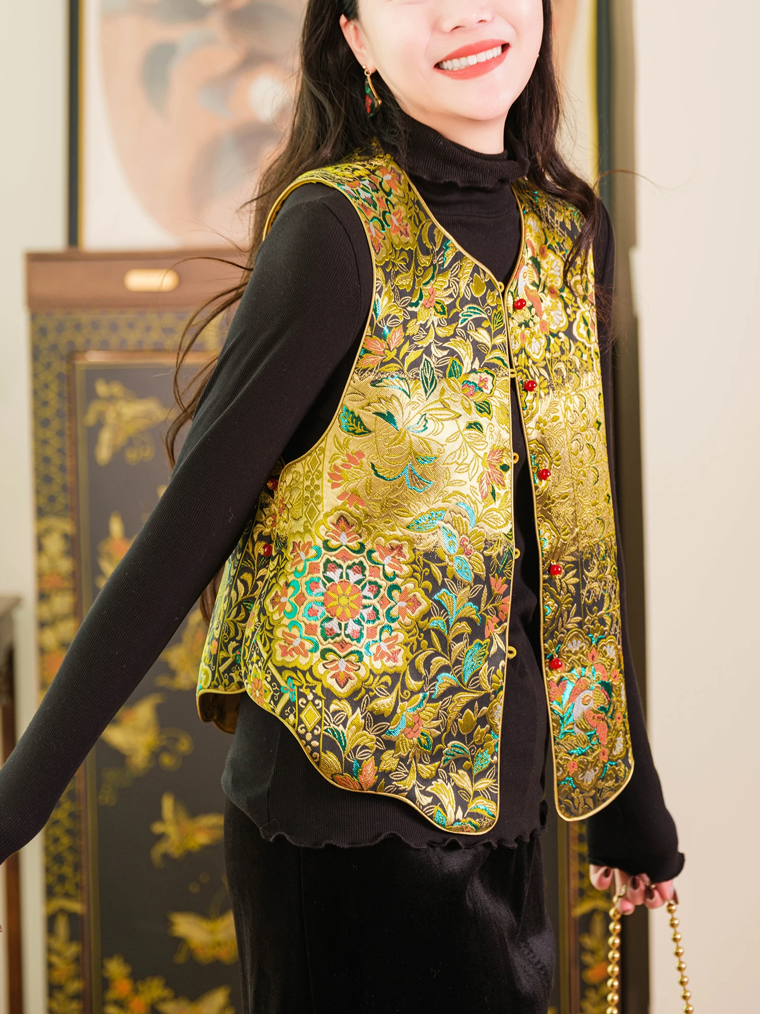 

Ele round Ne Silk Satin Vest Women's Faionable Traditional Chinese Sle Double-Sided Wear Year-Suit Series Ma Jia