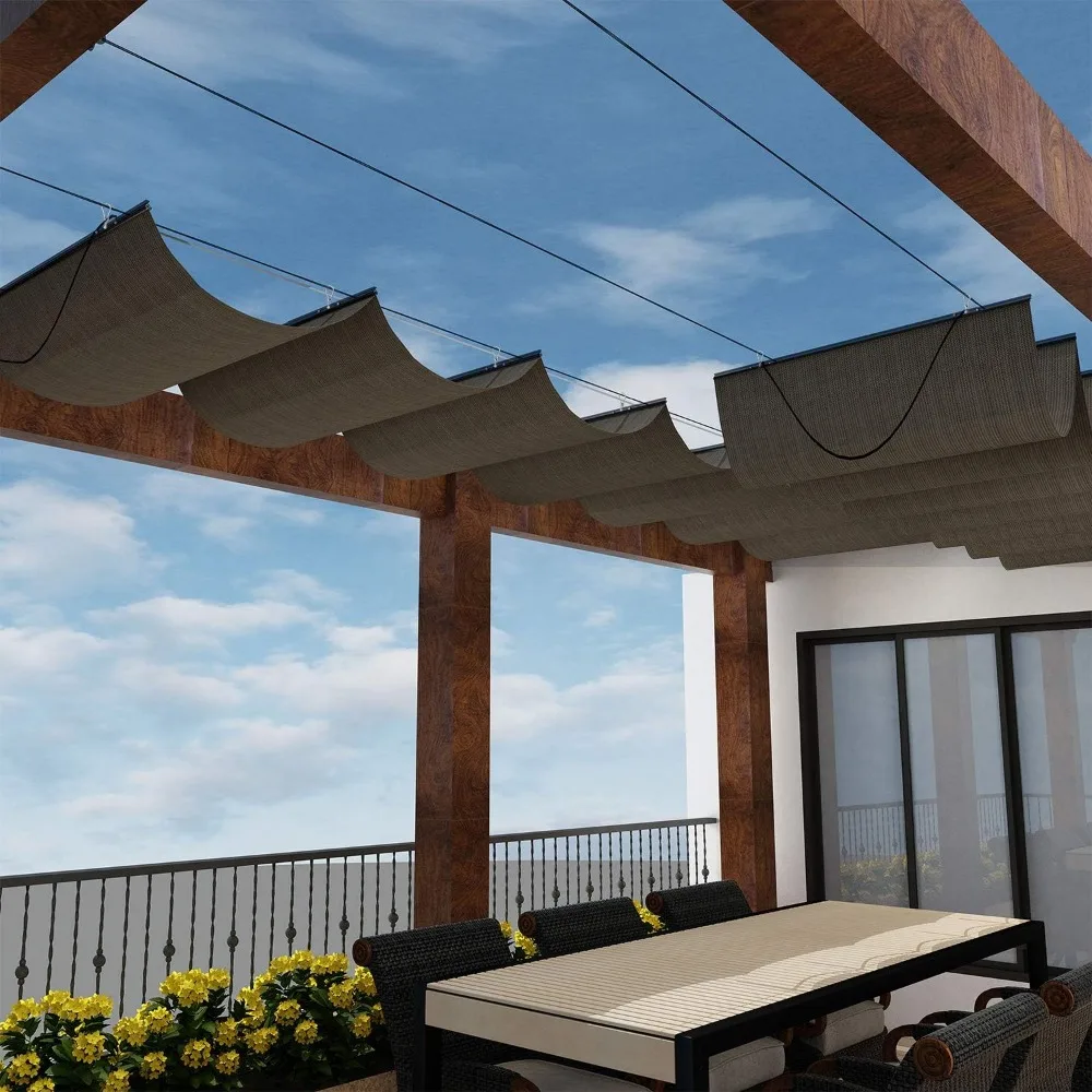 

4' x 16' Retractable Sun Shade Canopy Cover Sliding Wave Shade Sail for Pergola Patio Deck Yard Gazebo Outdoor (Brown)