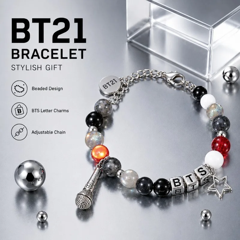 Bracelet perlé noir et rouge BT21, bijou de poignet tendance pour les fans de Kpop