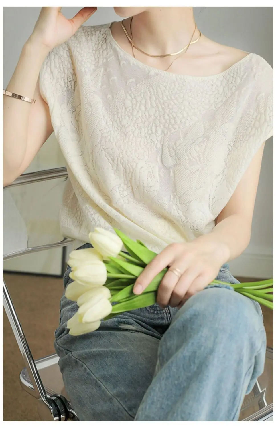 ฤดูร้อนผู้หญิงแขนสั้น Hollow Out Femaleice ผ้าไหมถักใหม่สบายๆ Topsfashion Basic Solid เสื้อผ้า Z283