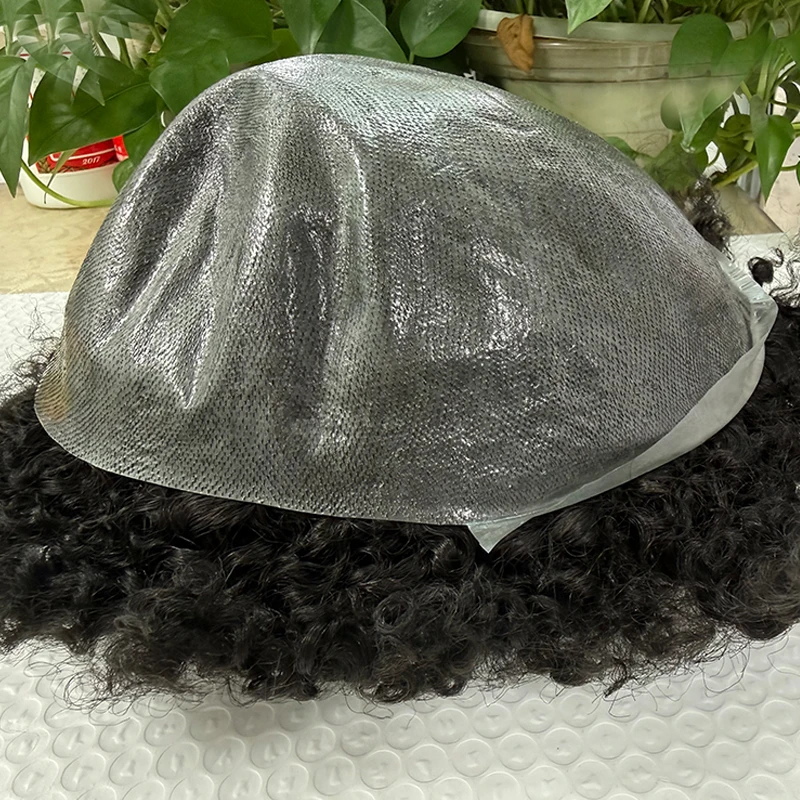 Afro Kinky Curly Male Hair Capillary Prosthesis Full PU 0.14mm Men Toupee Indian Human Hair Wigs With Knots Hair Topper Natural