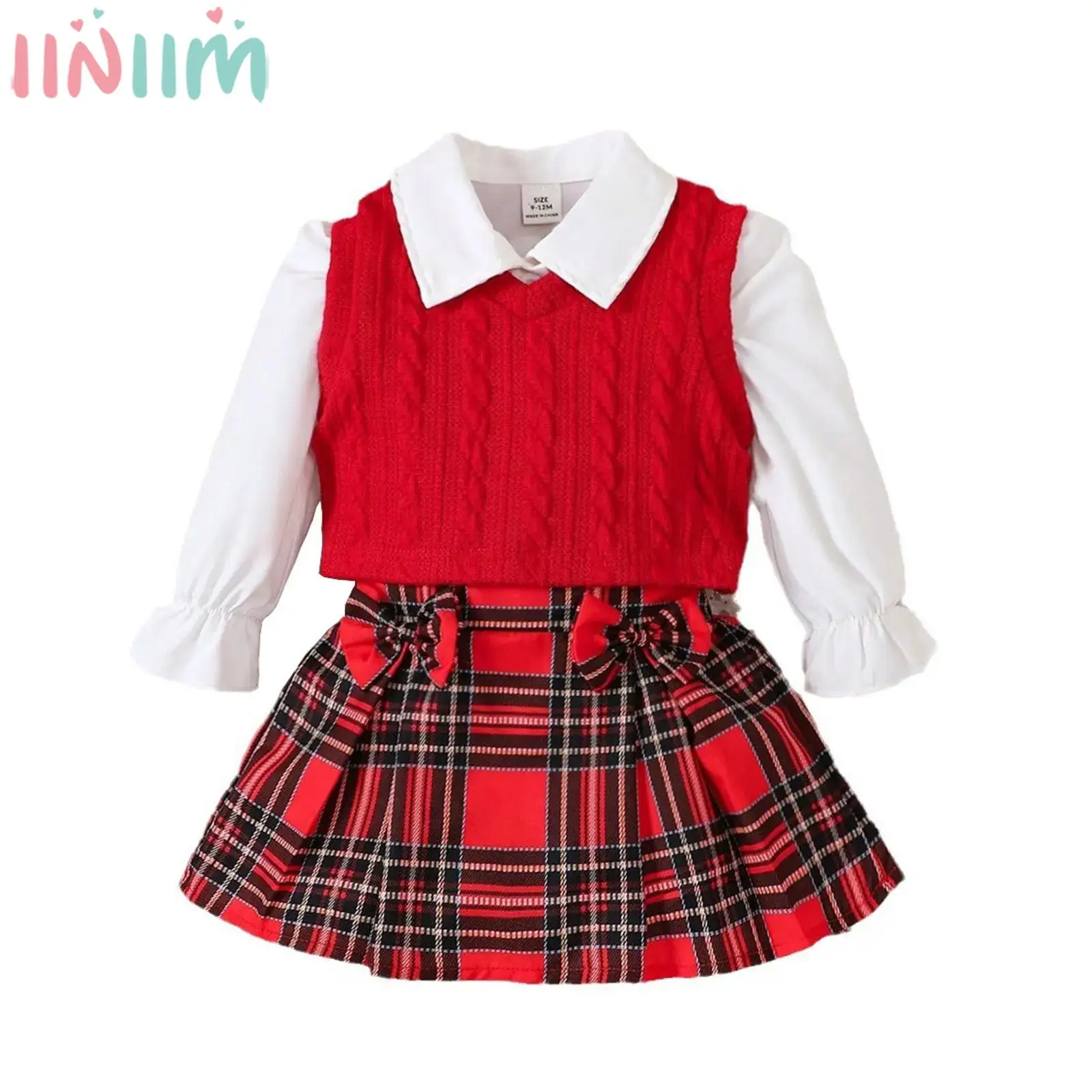 

Baby Girls Spring Fall Fashion Casual Outfit Puff Sleeve Blouse with Tartan Pleated Skirt Vest for Daily School Christmas Party