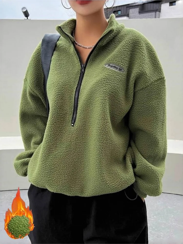 

Women Stand Neck Fleece Cropped Hoodies Autumn Letter Embroidery Long Sleeve Drawstring Sweatshirt Elegant Plush Velvet Tops