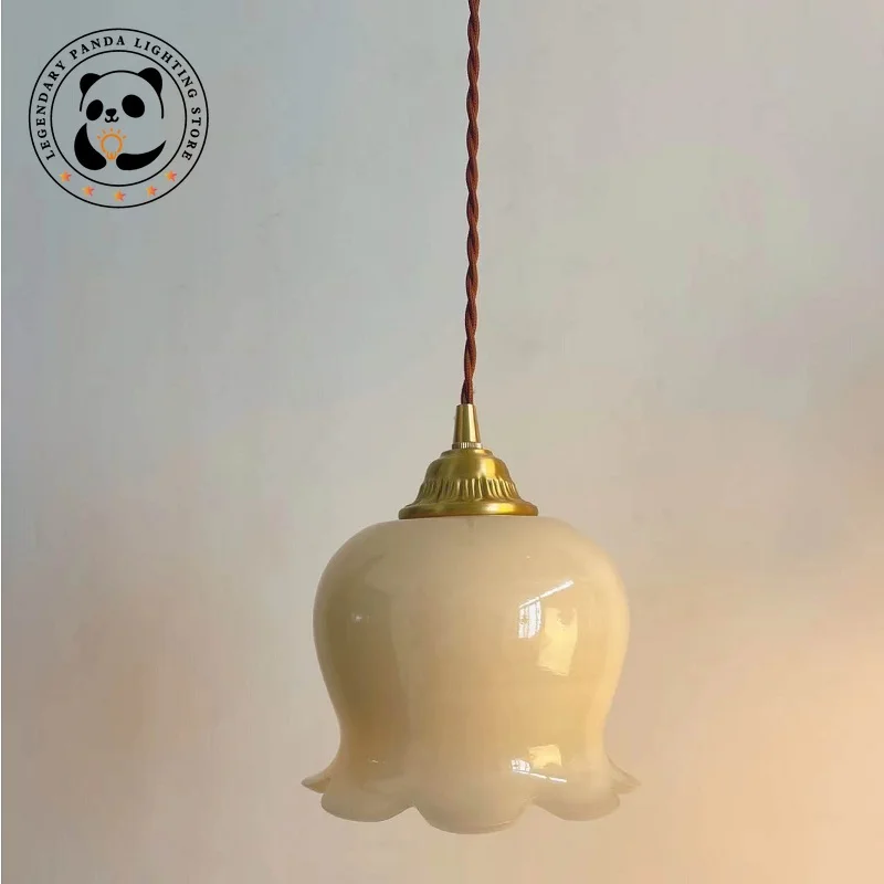 French Cream Style Pendant Lights Flower Glass Lampshade Bedside Restaurant Parlor Art Decoration Ceiling Chandelier LED Fixture