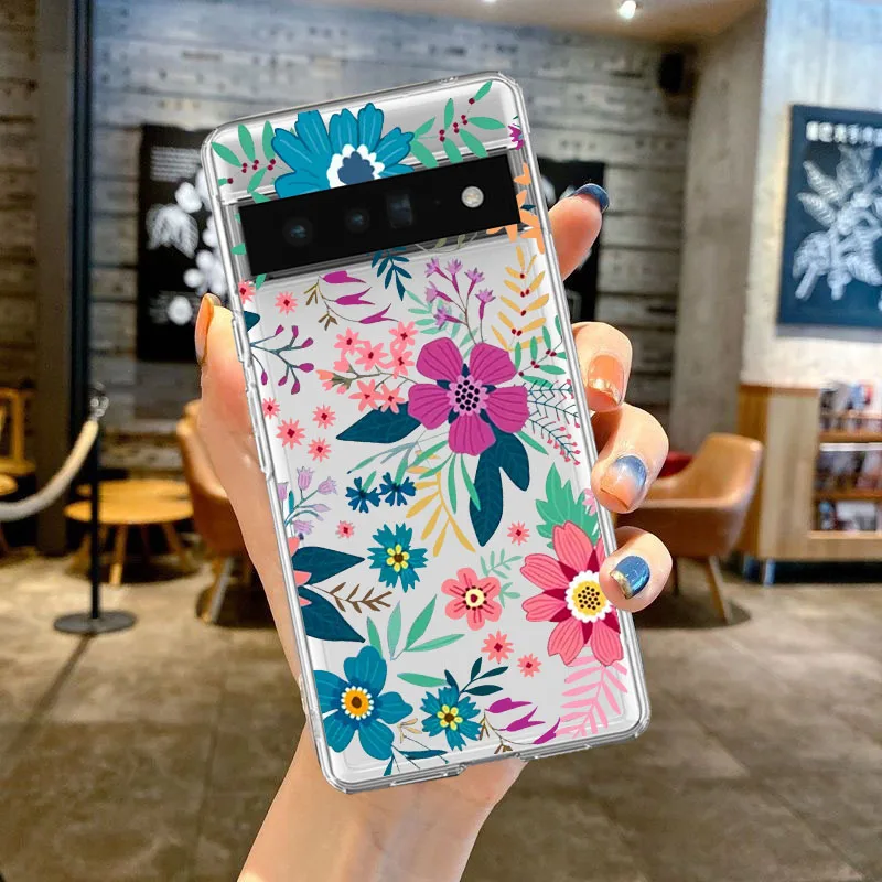 Colorful Flower Clear Phone Case for Google Pixel 8A 8 Pro 6A 7A 6 7 Pro 5G Transparent Soft TPU Cover Fundas