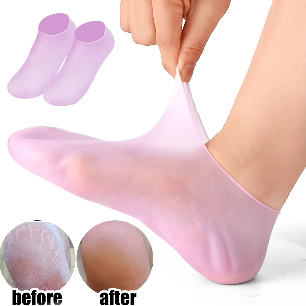 Meias hidratantes de silicone reutilizáveis, Anti rachaduras, Máscara elástica do pé, Pele morta rachada remover, Ferramentas de pedicure