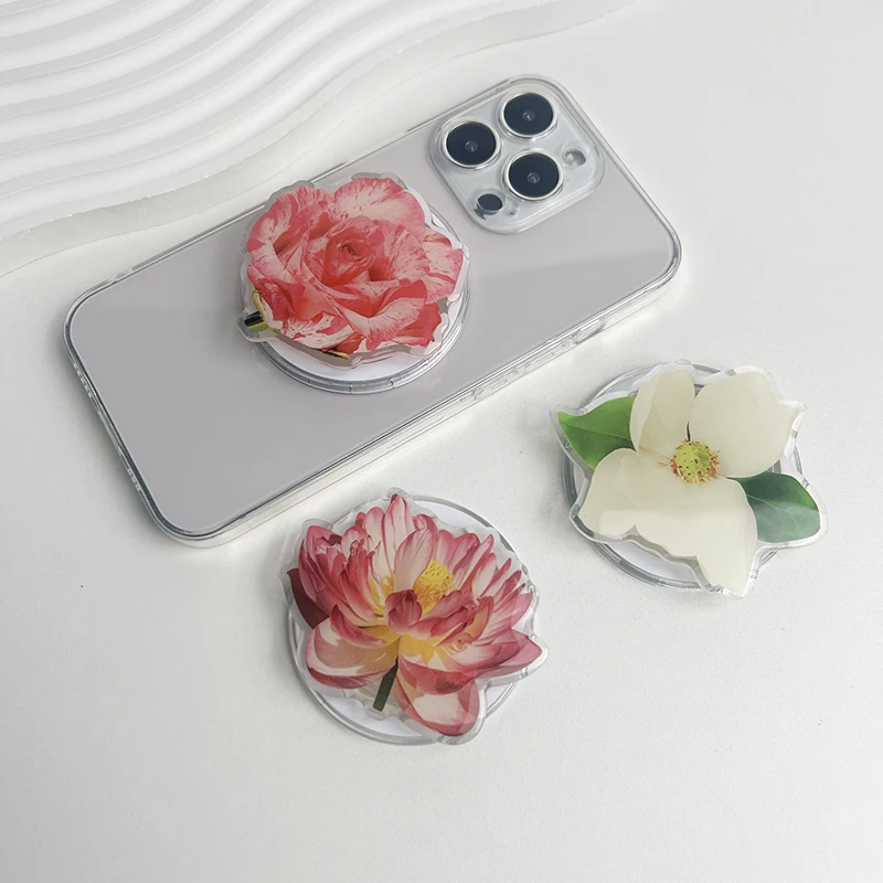 Elegante suporte de telefone acrílico de lótus soquete magnético aperto suporte de telefone para magsafe iphone mac samsung anel seguro expansão de dedo