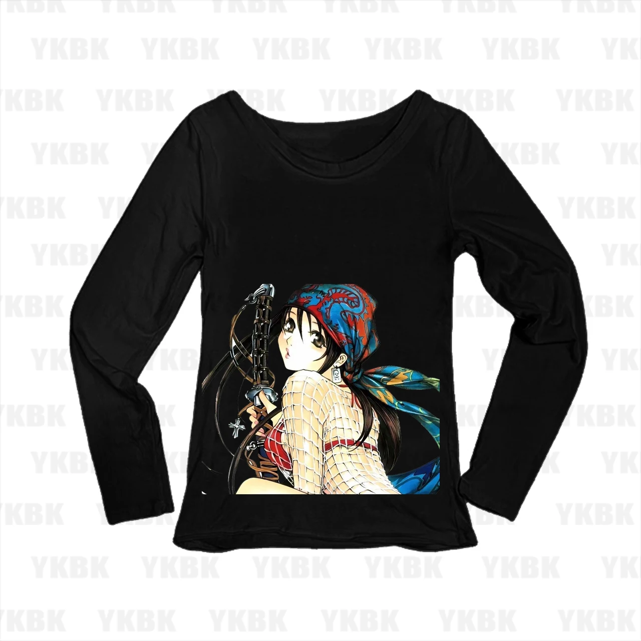 Retro 90s Anime Women Bandana Sword Girl Print Long Sleeve Tee Scoop Neck Slim Y2K Edgy Aesthetic Fitted Top