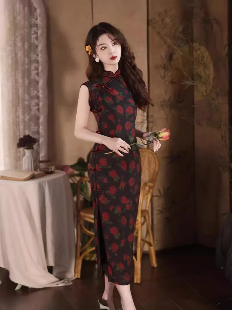 Spring Summer New Elegant Style Red Rose Printed Cheongsam Long Private Dress Pure Desire Charm Sexy Qipao